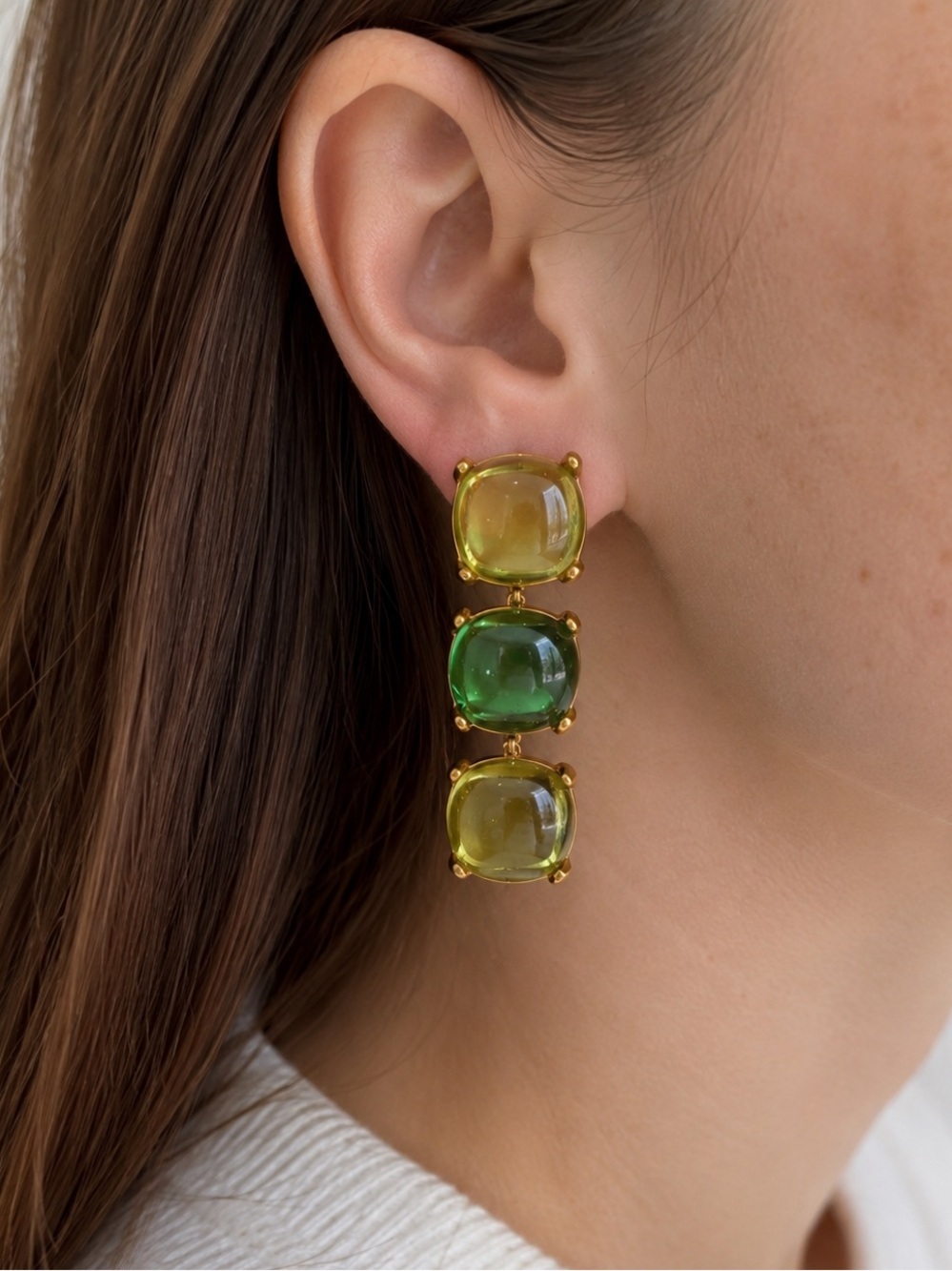 Green Resin Drop Earrings | PVD Gold Plated Stainless Steel | Statement Earrings